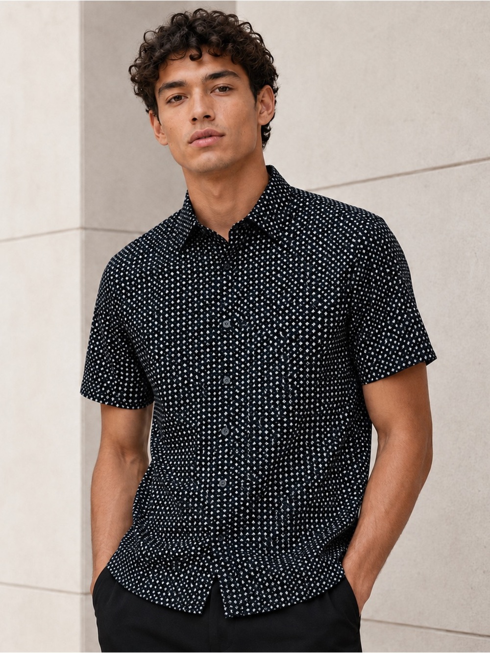 Michael Kors Slim Fit Shirt Mens S Black Monogram Print Stretch Button Up Preppy